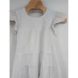 j. marie white tiered embroidered mini dress ruffled sleeve crew neck sz M